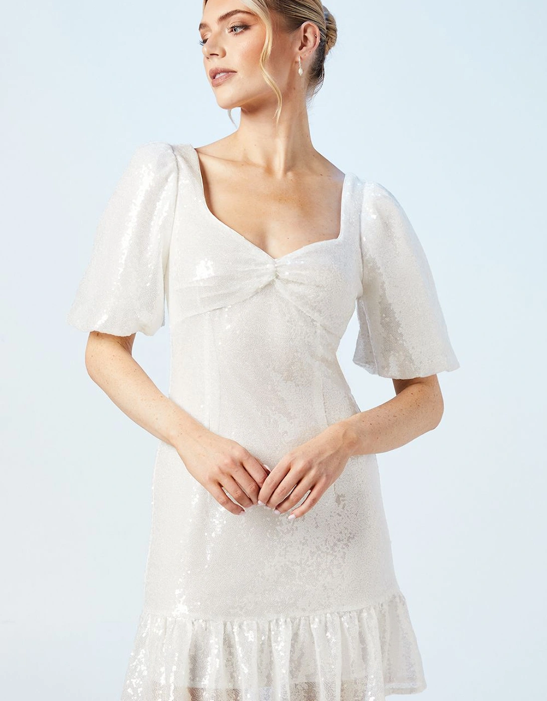 Sweetheart Puff Sleeve Sequin Bridal Mini Dress, 2 of 1