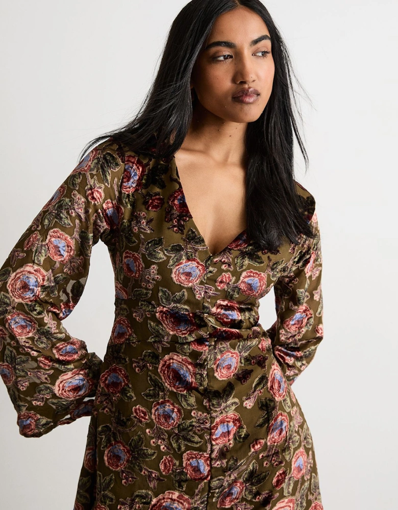 Devore Plunge Neck Waisted Midi Dress