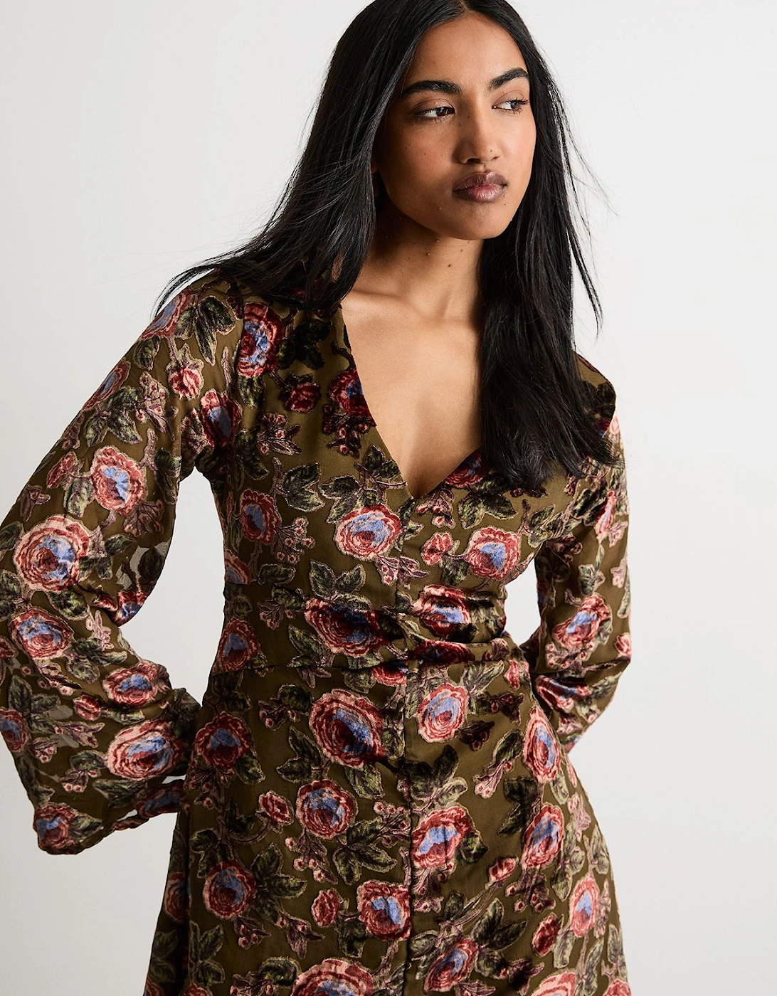 Devore Plunge Neck Waisted Midi Dress, 2 of 1