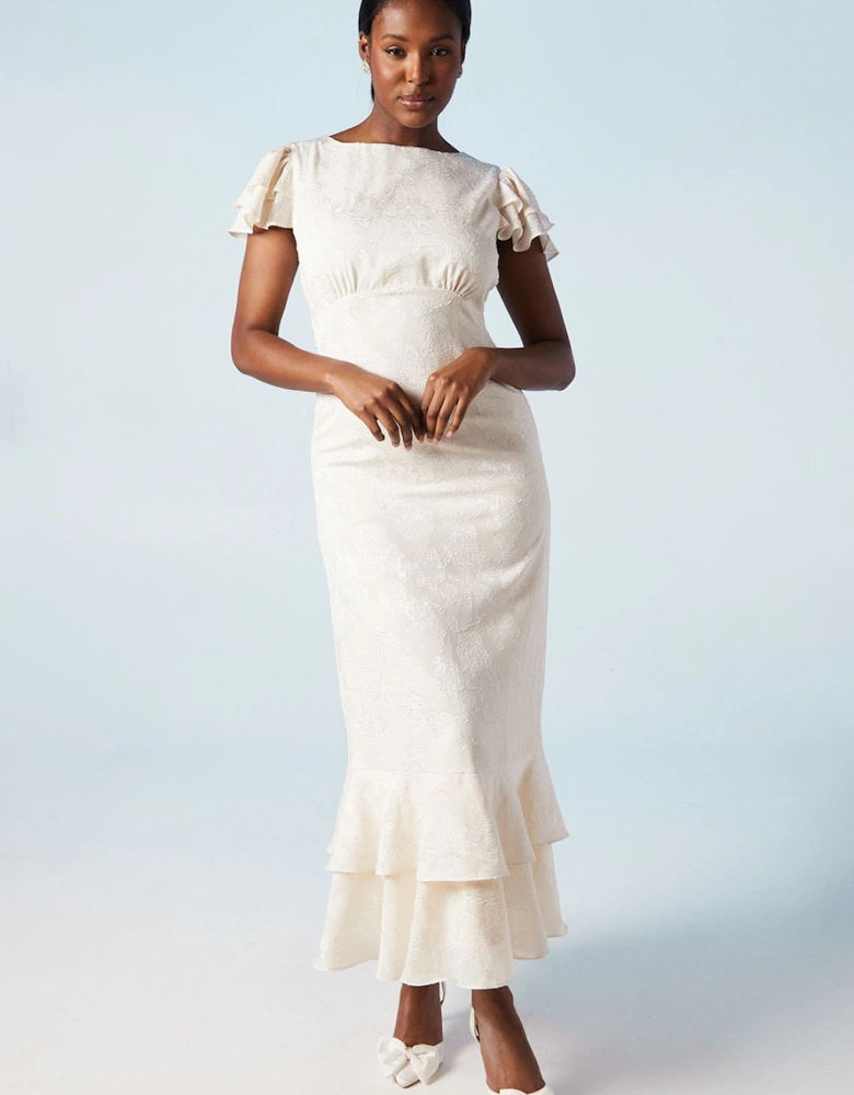 Satin Jacquard Flutter Sleeve Wedding Maxi Dress