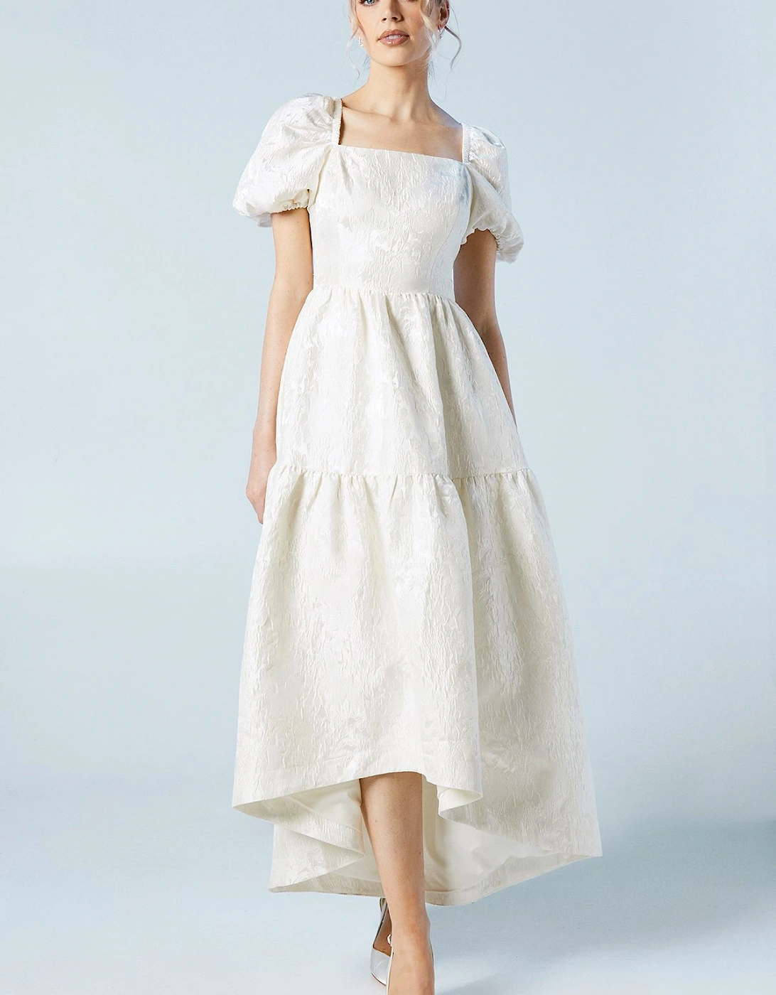 Tiered Puff Sleeve Jacquard Wedding Dress, 2 of 1