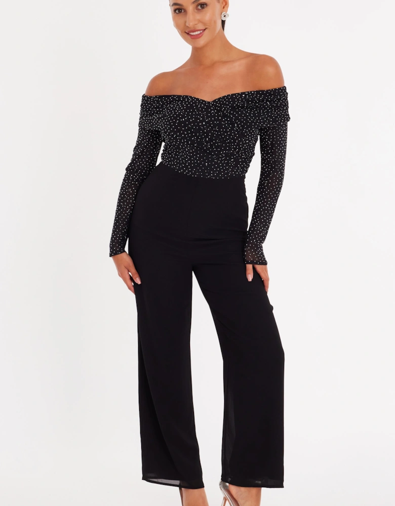 Black Petite Diamante Bardot Jumpsuit