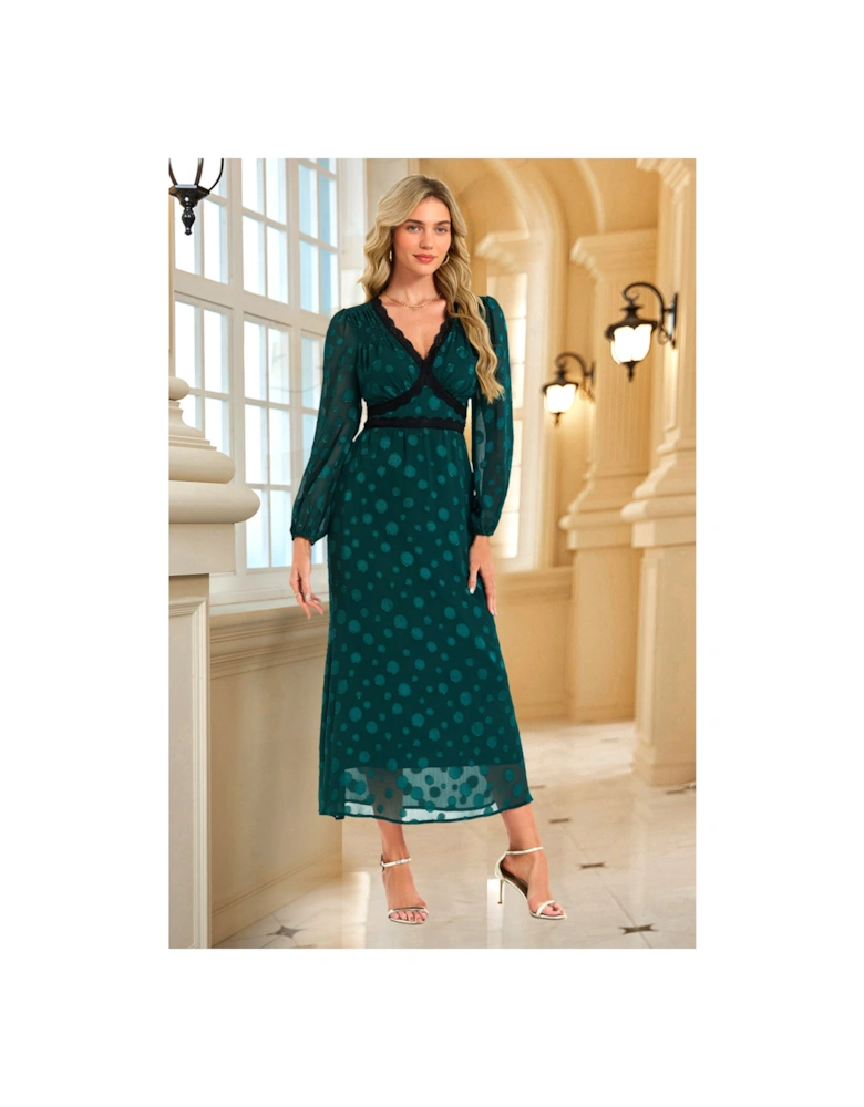 Long Sleeve Dot Jacquard Lace Trim Maxi Dress In Green