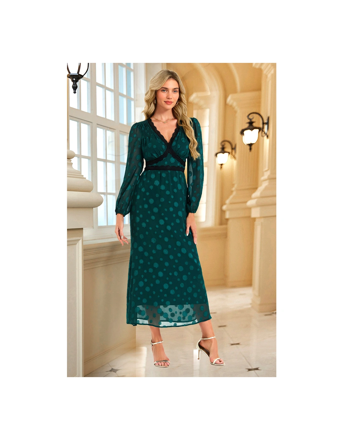 Long Sleeve Dot Jacquard Lace Trim Maxi Dress In Green, 2 of 1