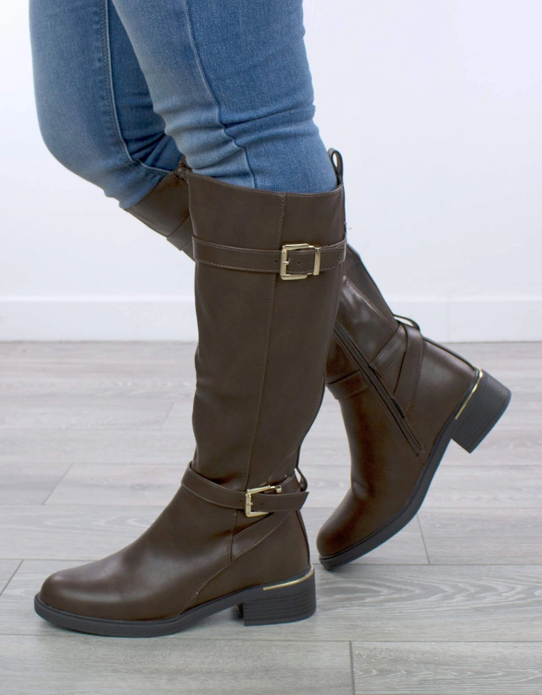 Low  Heel Buckle Knee High Riding  Biker Boots