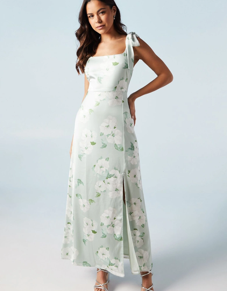Sage Posy Satin Tie Shoulder Maxi Bridesmaid Dress