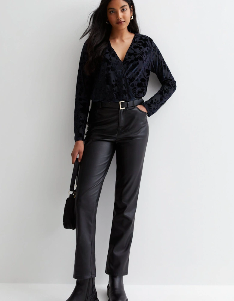 Navy Floral Pattern Burnout Long Sleeve Bodysuit