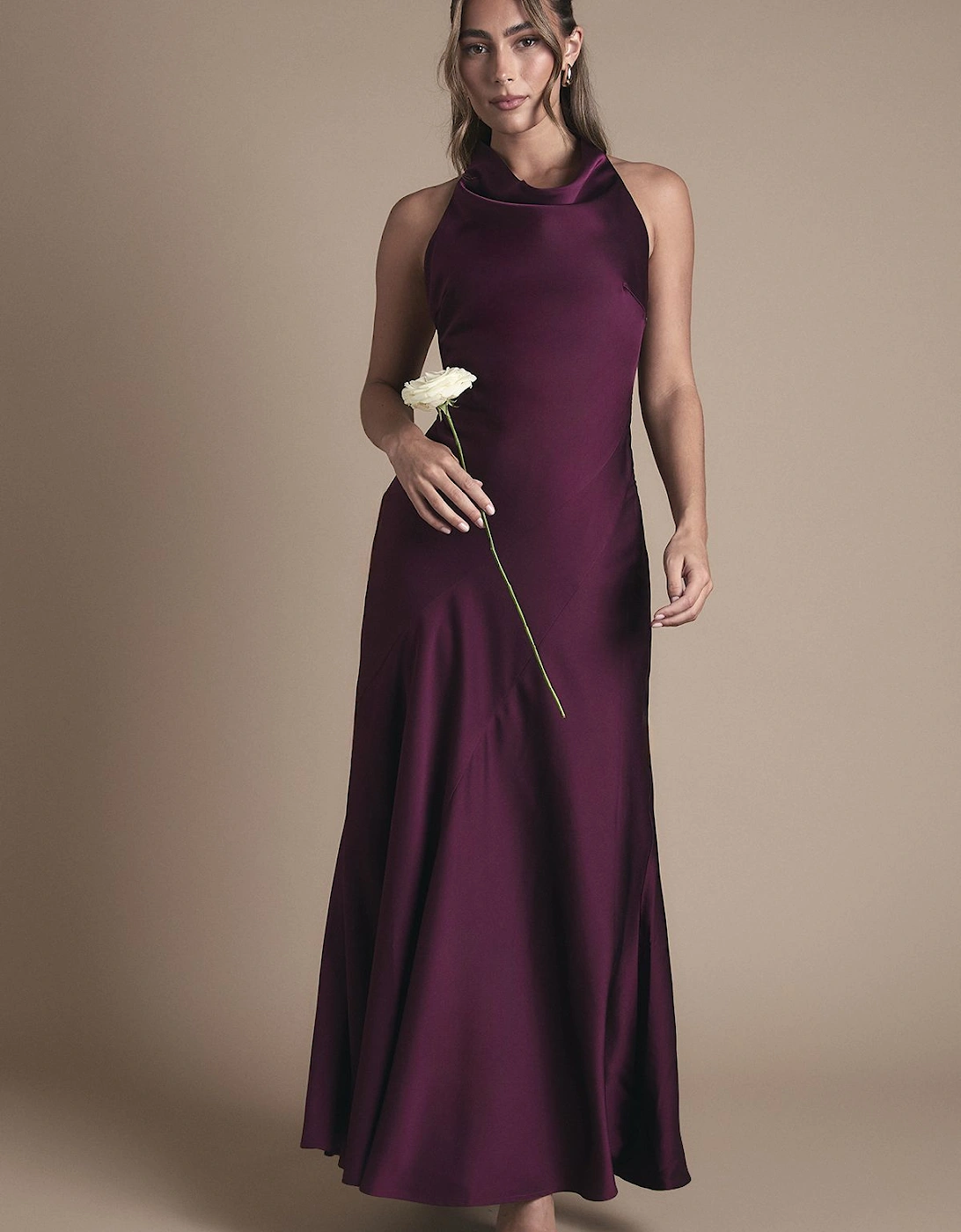 Cowl Halterneck Satin Maxi Bridesmaid Dress, 2 of 1