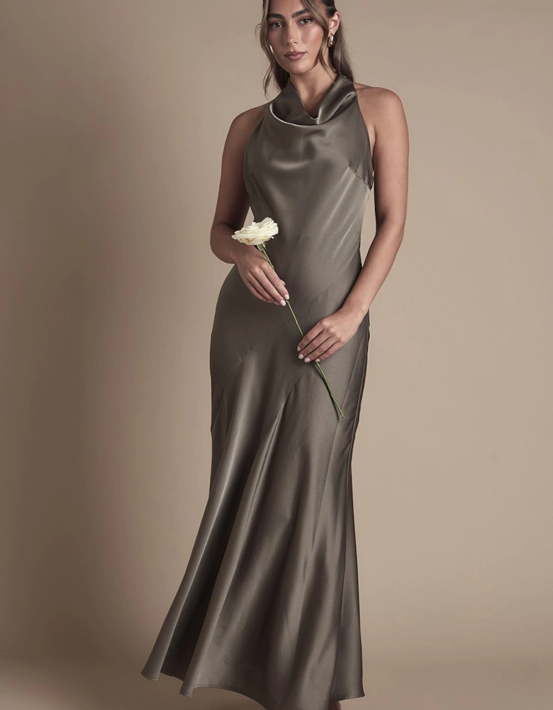Cowl Halterneck Satin Maxi Bridesmaid Dress
