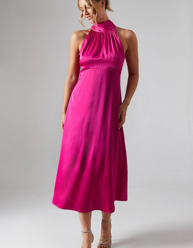 Satin Halter Neck Midi Bridesmaid Midi Dress