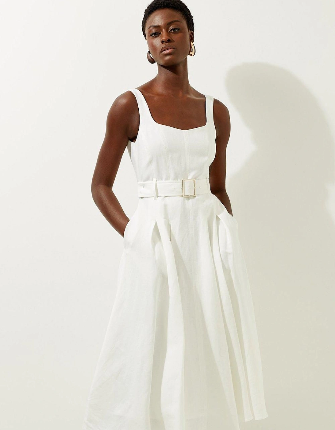 Tailored Linen Belted Full Skirt Midi Dress, 2 of 1