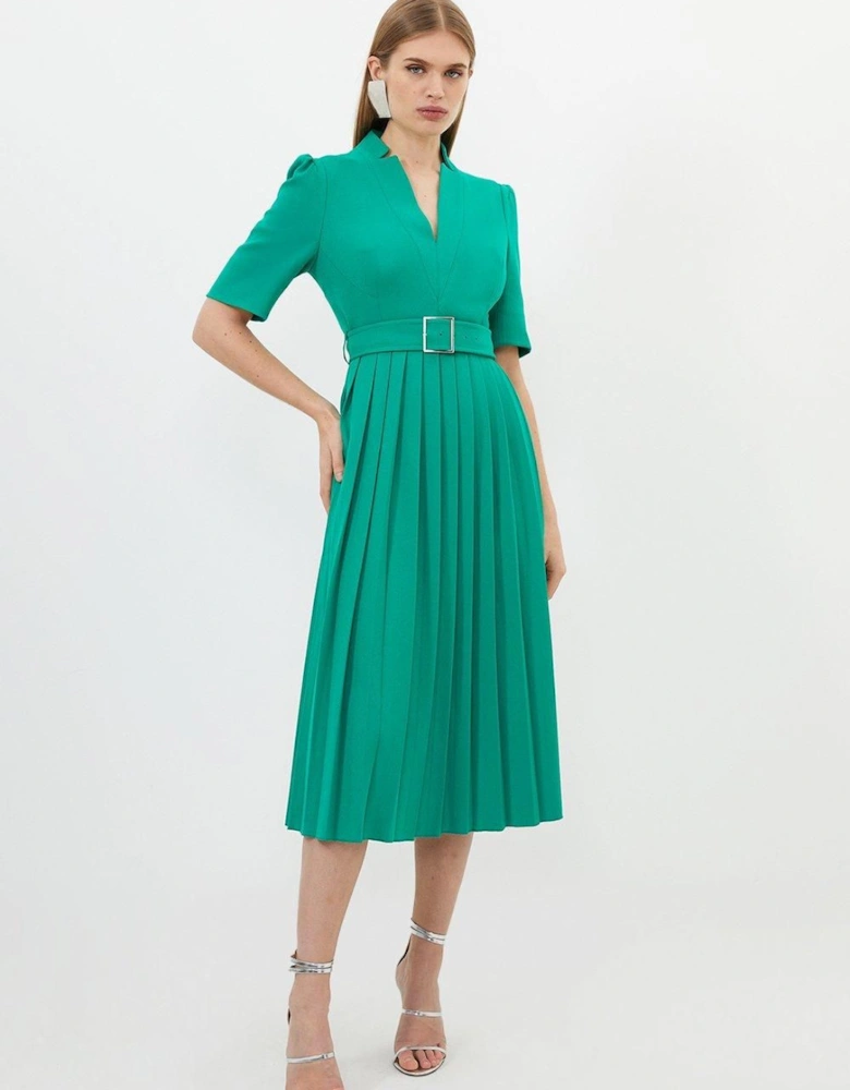 Tailored Structured Crepe Forever Pleat Belted Midi Dress