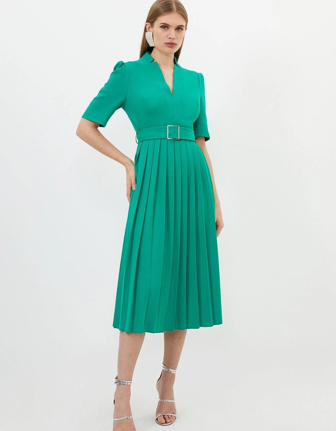 Tailored Structured Crepe Forever Pleat Belted Midi Dress, 2 of 1