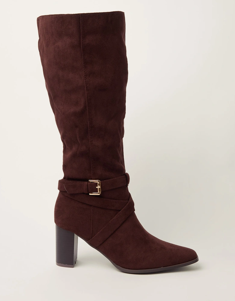 Brown Buckle Detail Suedette Knee High Boot