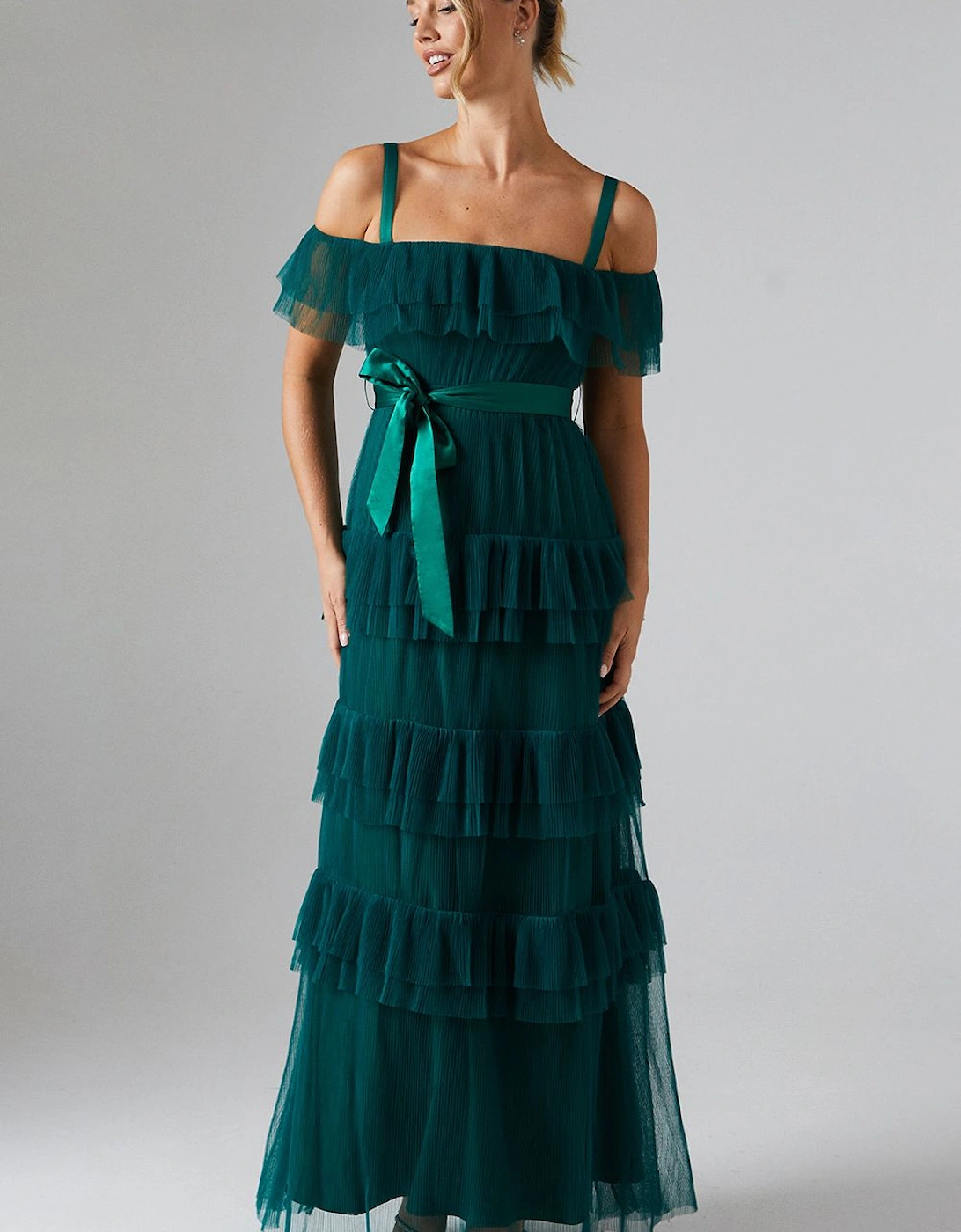 Pleated Mesh Tiered Skirt Bridesmaid Dress With Satin Belt, 2 of 1