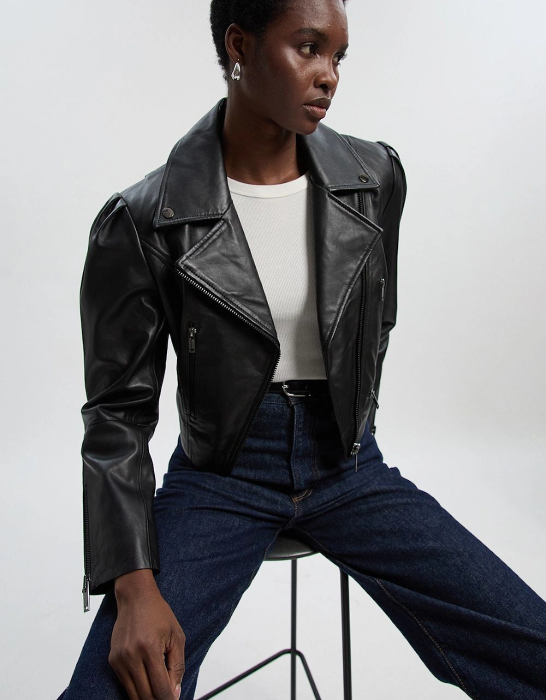 Leather Strong Shoulder Crop Biker Jacket, 2 of 1