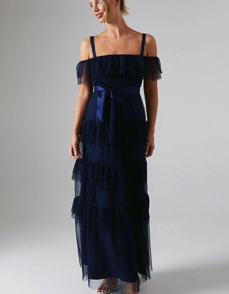 Pleated Mesh Tiered Skirt Bridesmaid Dress With Satin Belt