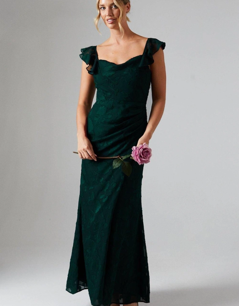 Floral Detail Fabric Ruche Front Maxi Bridesmaid Maxi Dress