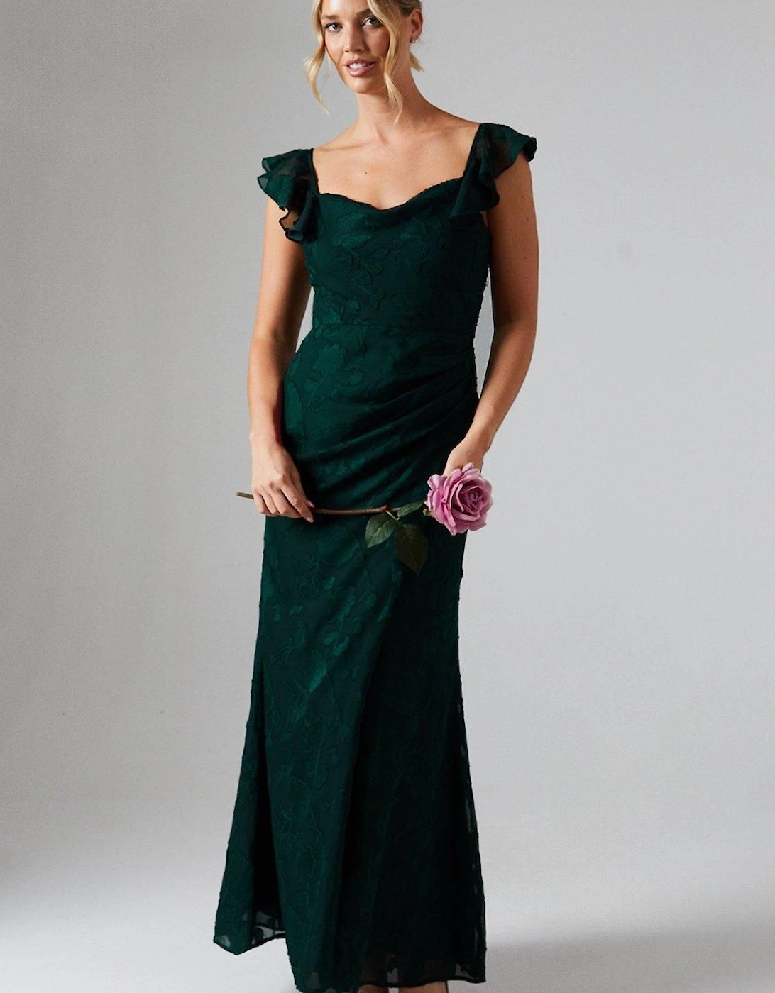 Floral Detail Fabric Ruche Front Maxi Bridesmaid Maxi Dress, 2 of 1