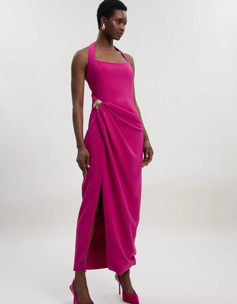 Petite Polished Tailored Halter Neck Gathered Midi Dress