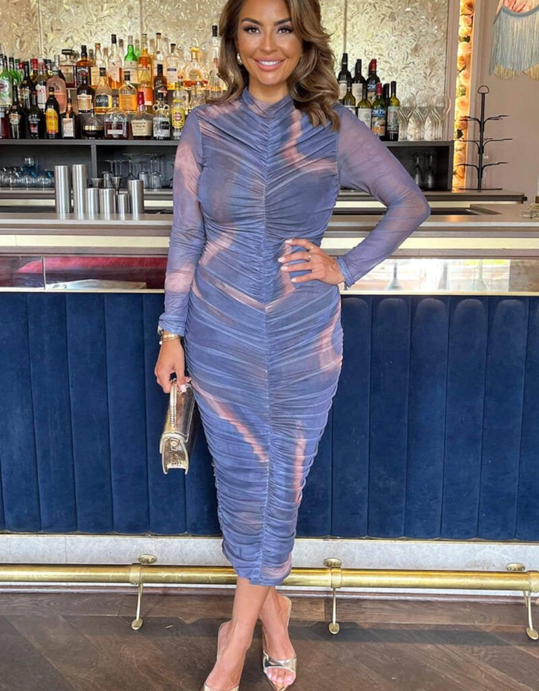 Purple Tie Dye Print High Neck Long Sleeve Ruched Midi Dress