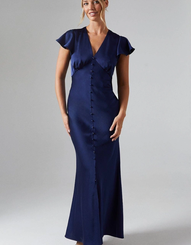Button Detail V Neck Satin Bridesmaid Midaxi Dress