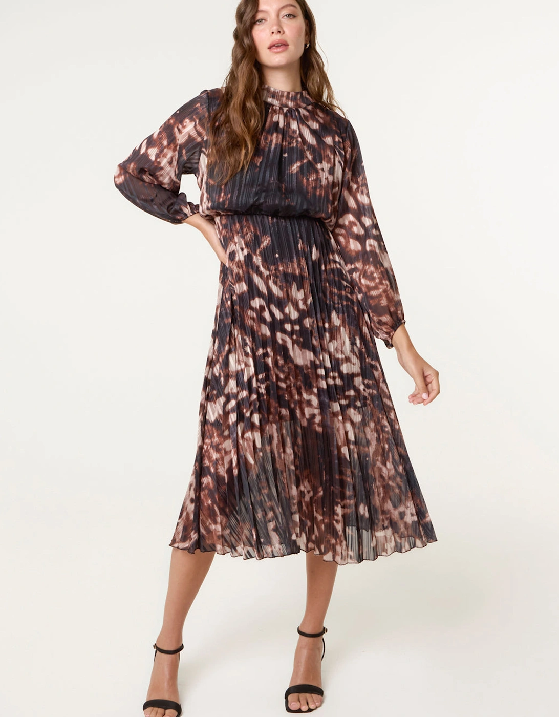 Black High Neck Metallic Pleated Dress, 2 of 1