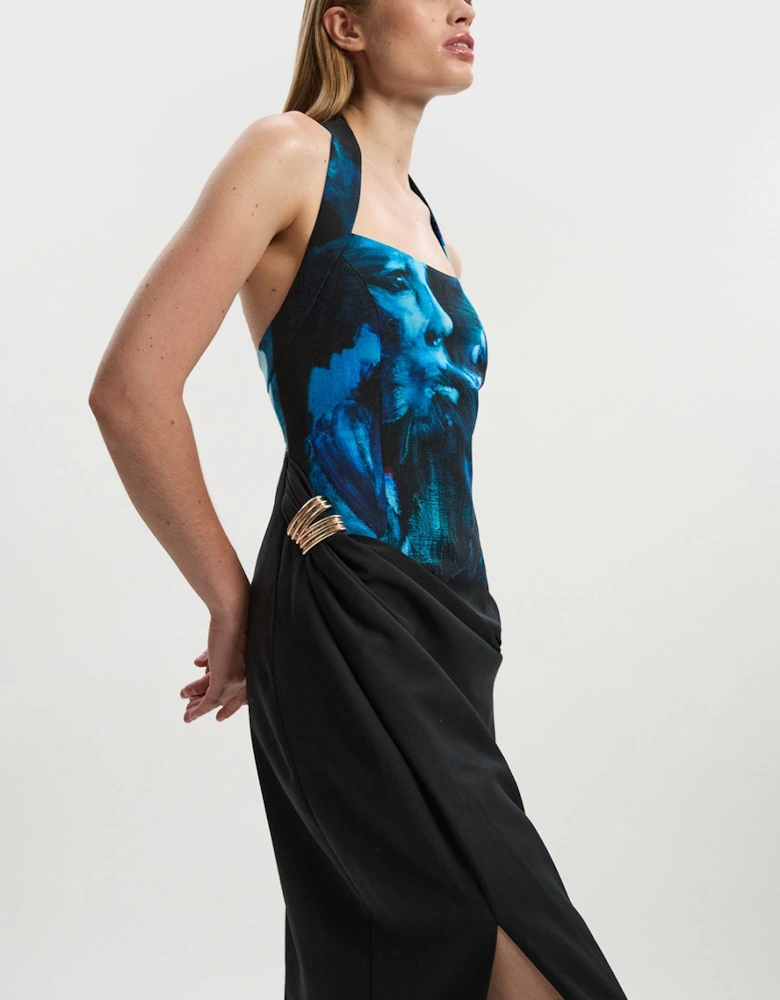 Lily Macrae Polished Tailored Print Halter Neck Gathered Midi Dress