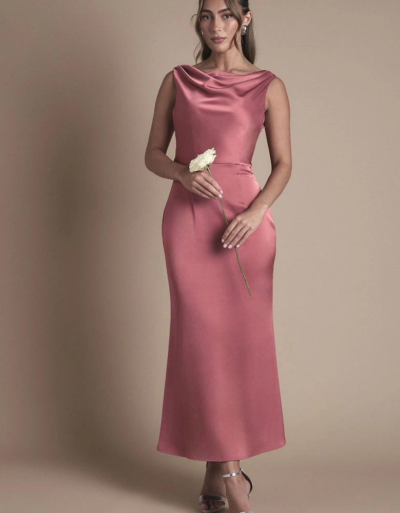 Cowl Neck Open Back Midi Bridesmaid Dress