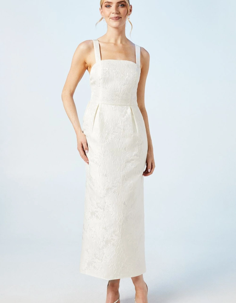 Cross Back Column Jacquard Wedding Dress With Bow Midi Detail