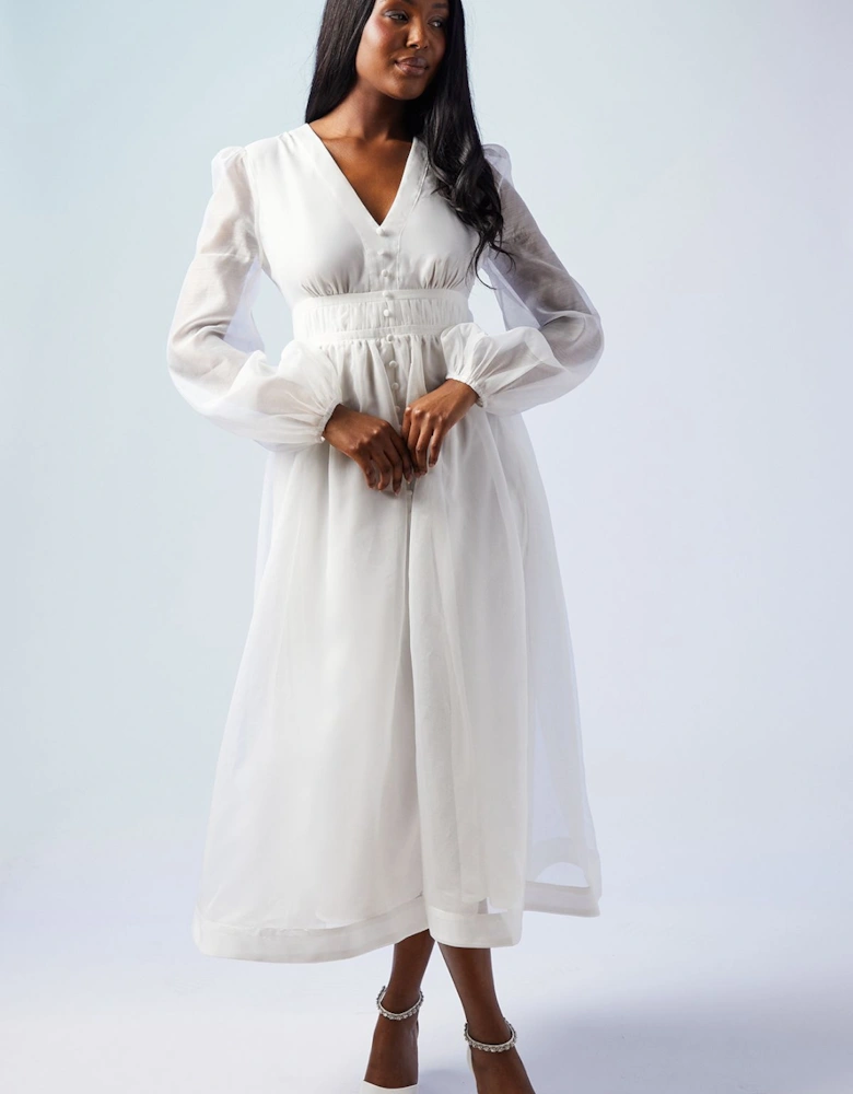 Organza V Neck Button Through Bridal Midi Dress