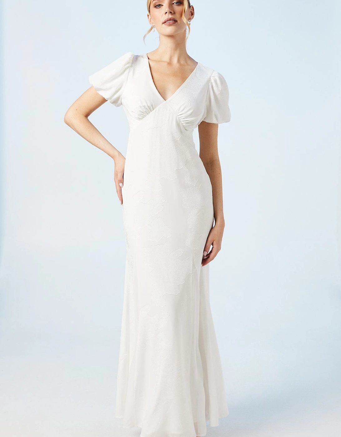 V Neck Puff Sleeve Satin Jacquard Wedding Dress, 2 of 1