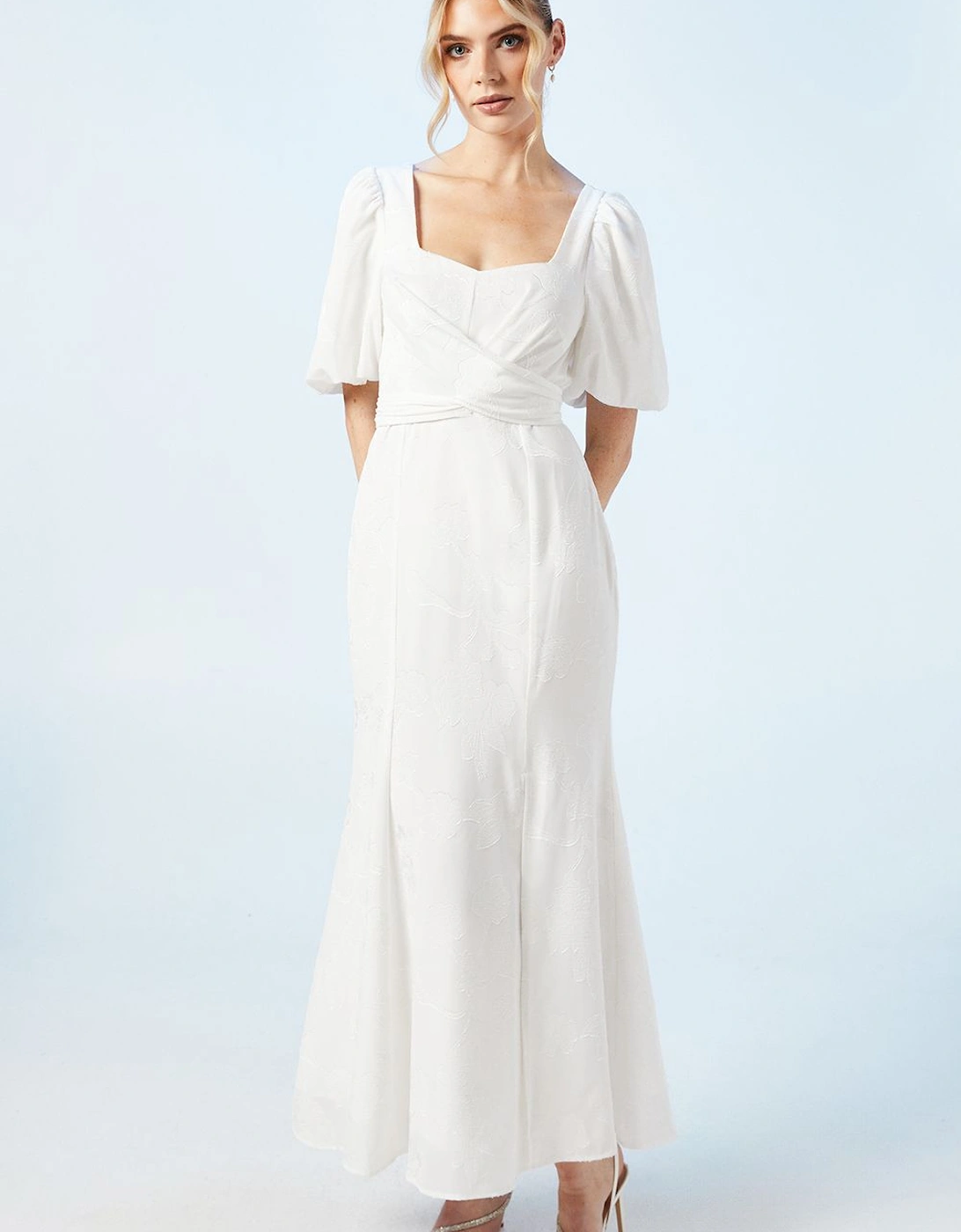 Puff Sleeve Satin Jacquard Wrap Waist Wedding Dress, 2 of 1