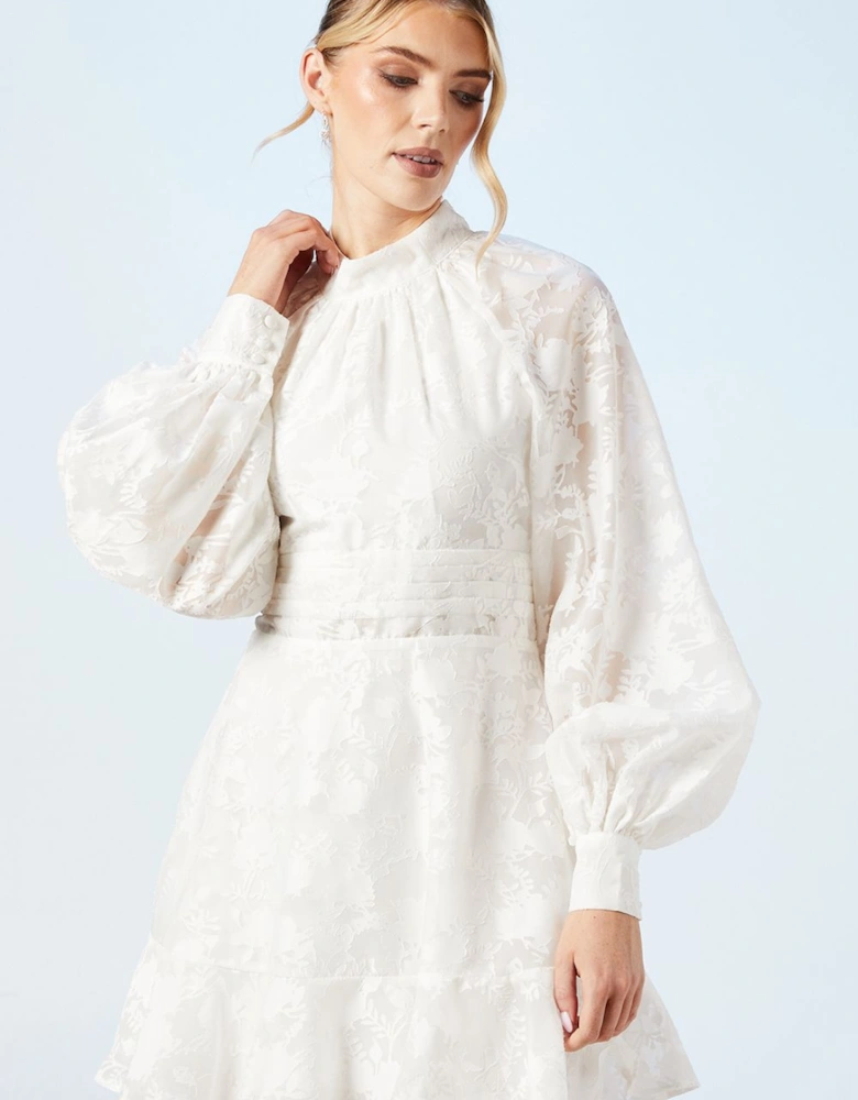 High Neck Blouson Sleeve Frill Satin Mini Bridal Dress