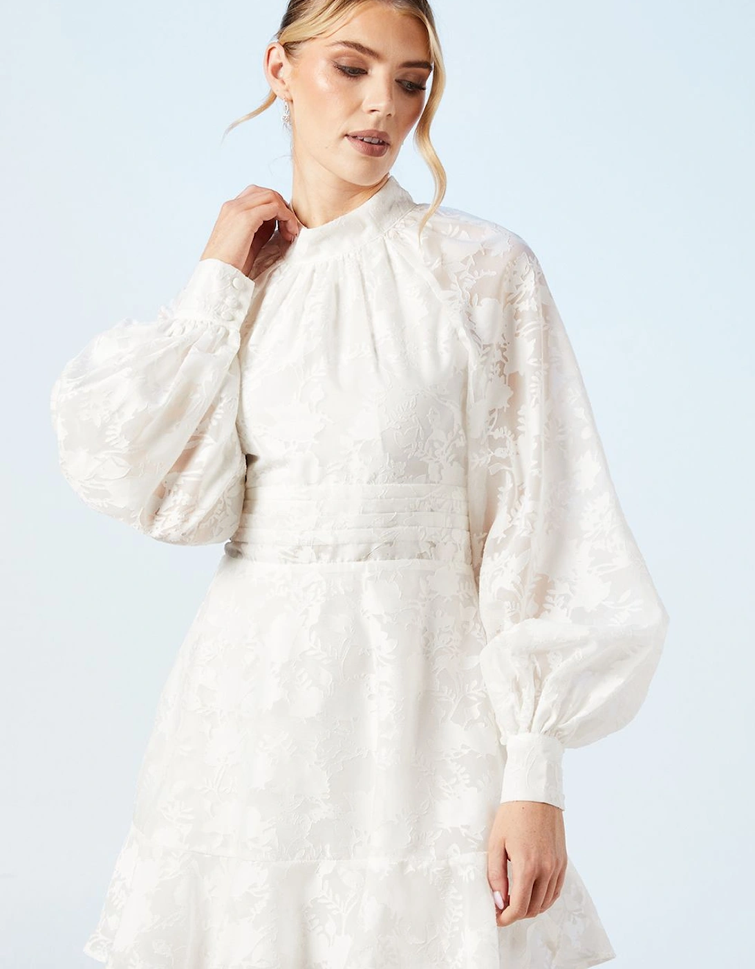 High Neck Blouson Sleeve Frill Satin Mini Bridal Dress, 2 of 1