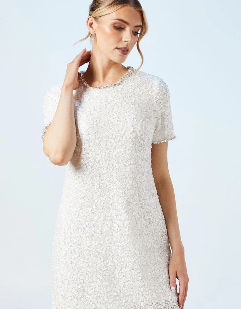 Sequin Bridal Shift Dress With Diamante Trim Detail