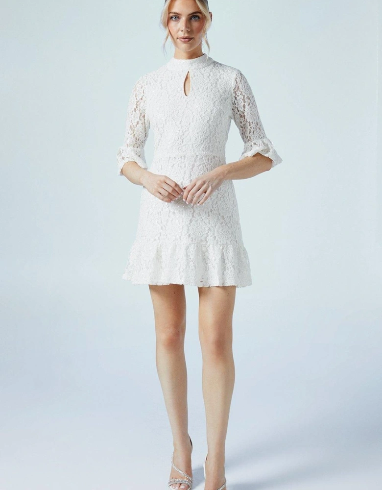 Sequin Lace High Neck Bridal Mini Dress