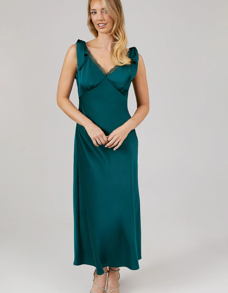 Satin Lace Insert Tie Shoulder Midi Bridesmaid Dress