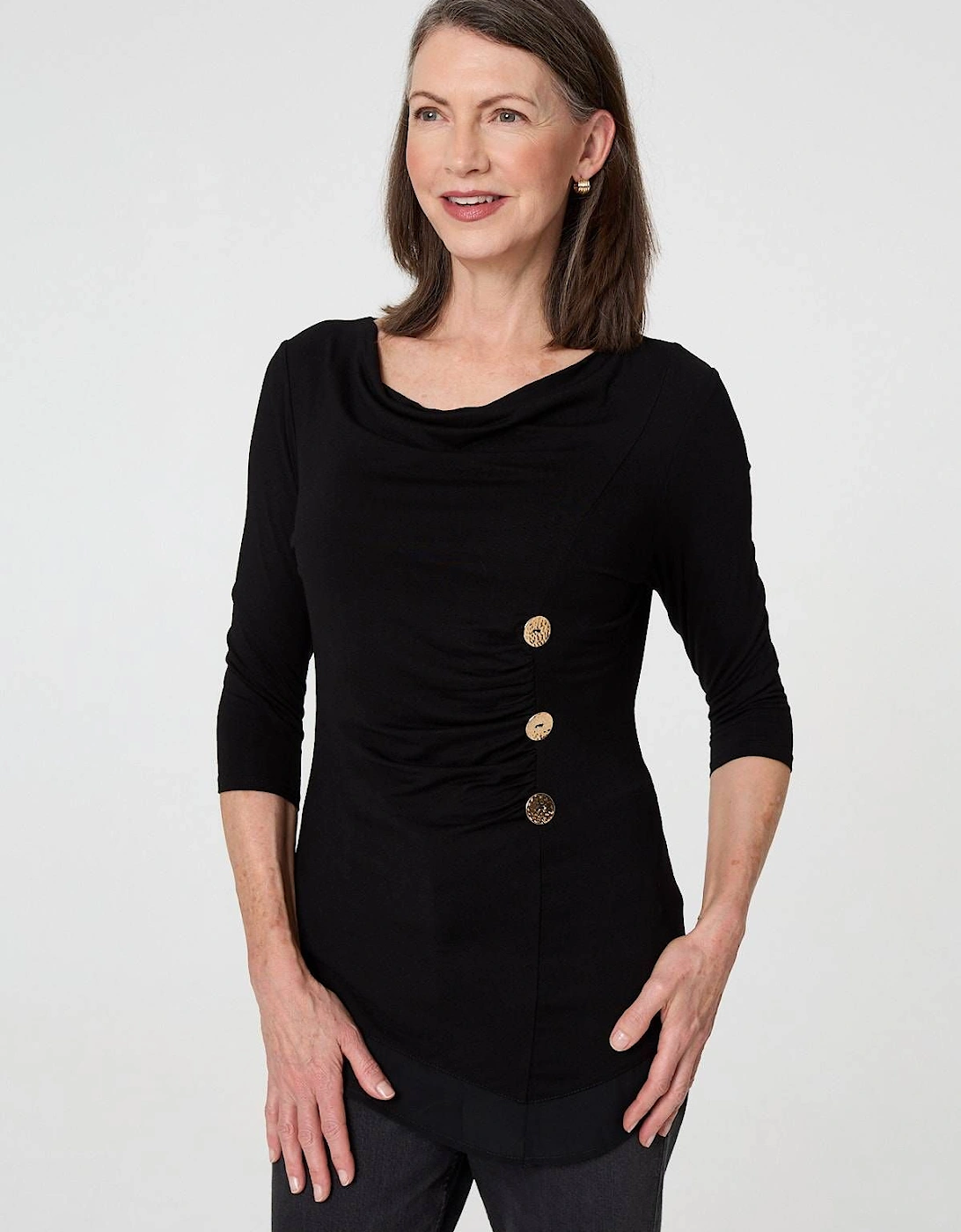 Button Detail Ruched 3/4 Sleeve Top, 2 of 1