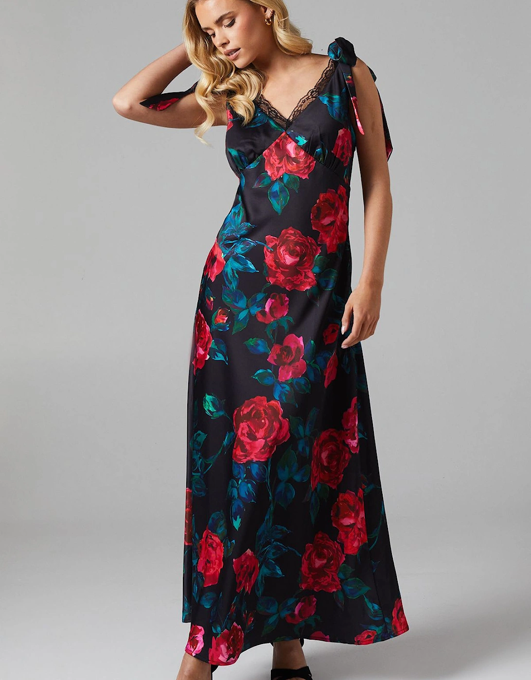 Floral Satin Lace Insert Tie Shoulder Midi Bridesmaid Dress, 2 of 1