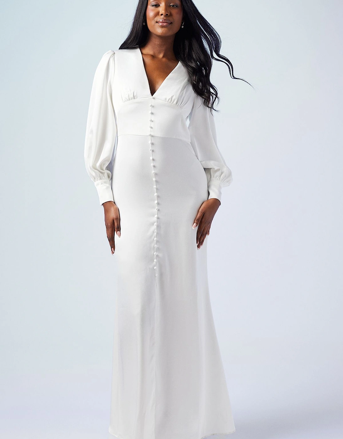 Premium Button Front Blouson Sleeve Satin Wedding Dress, 2 of 1