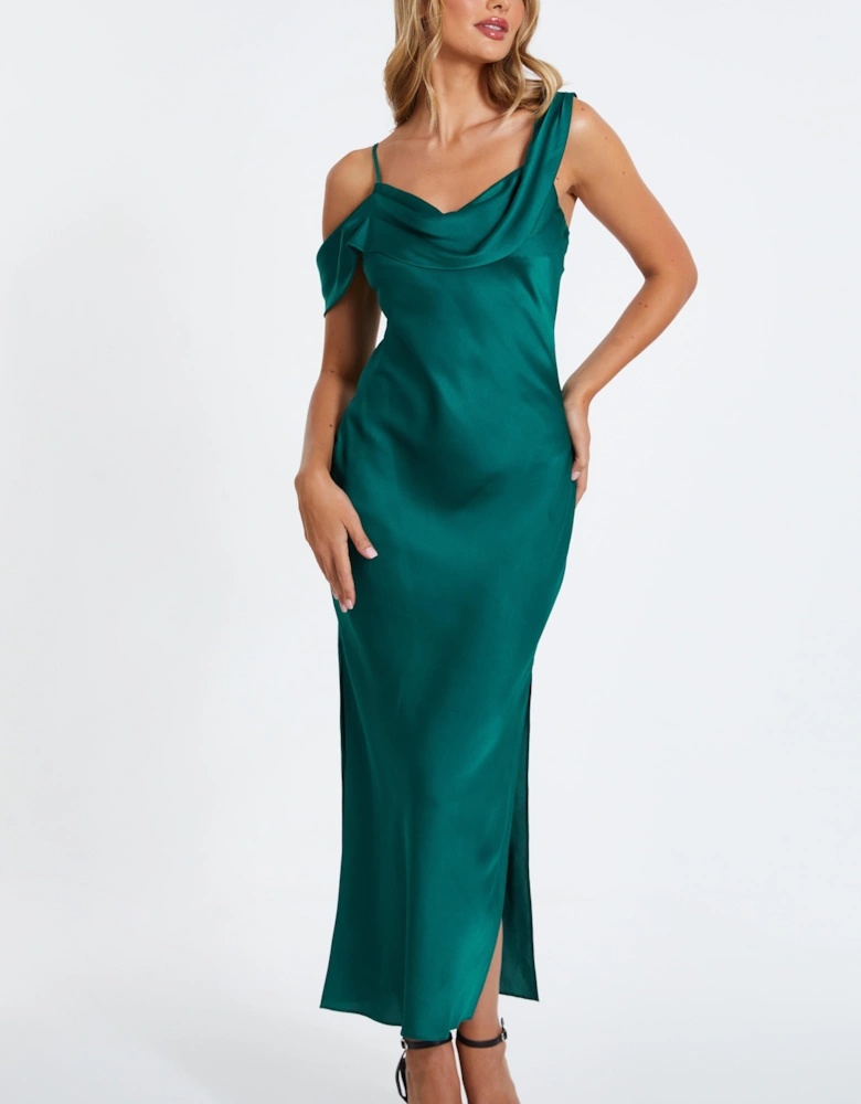 Green Satin Cold Shoulder Midaxi Dress