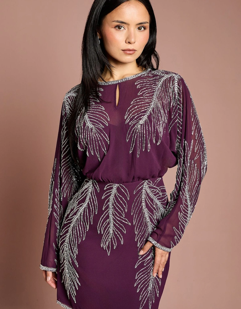 Petite Long Sleeve Placement Feather Embellished Mini Dress