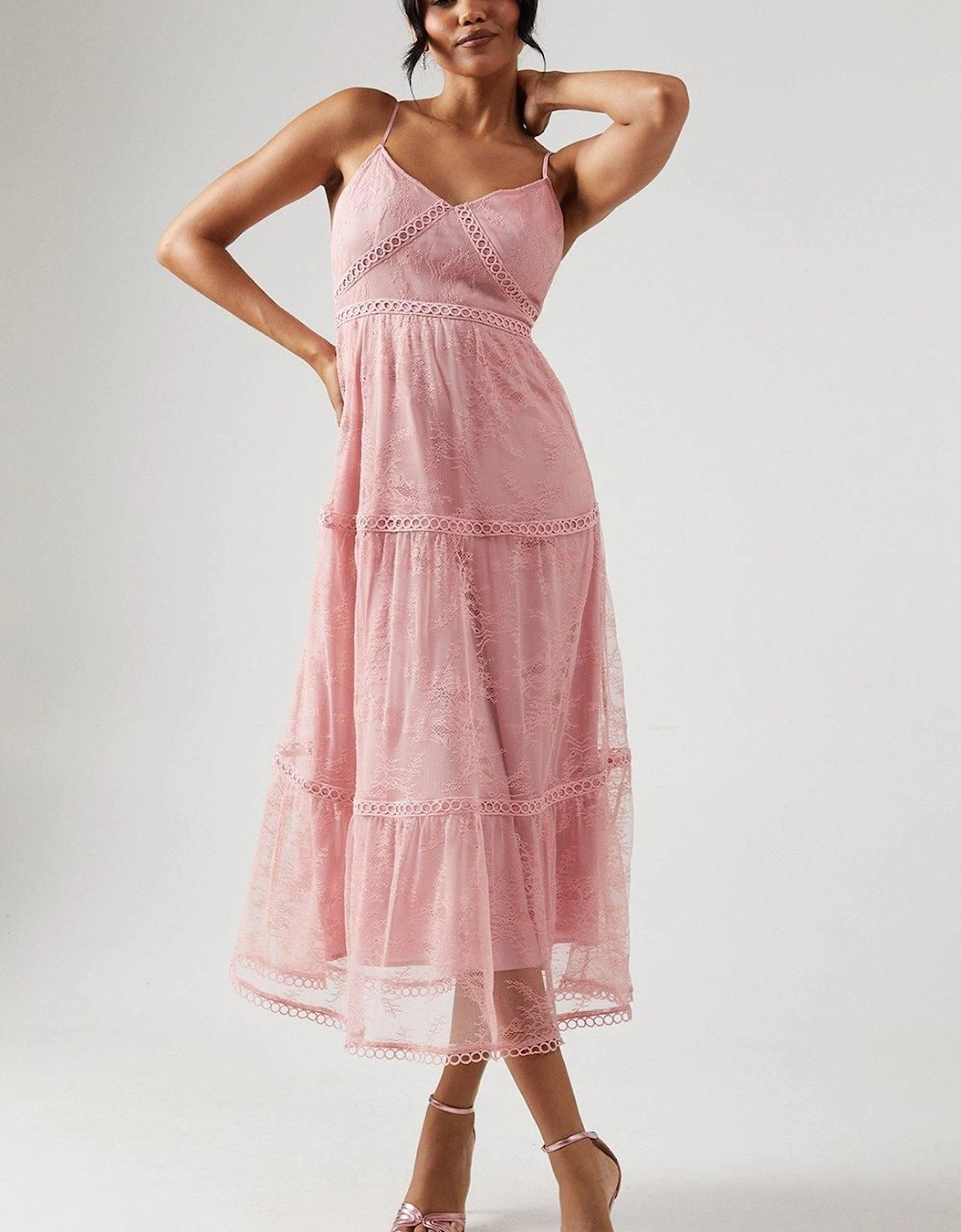 Petite Delicate Lace Trim Strappy Maxi Bridesmaid Dress, 2 of 1