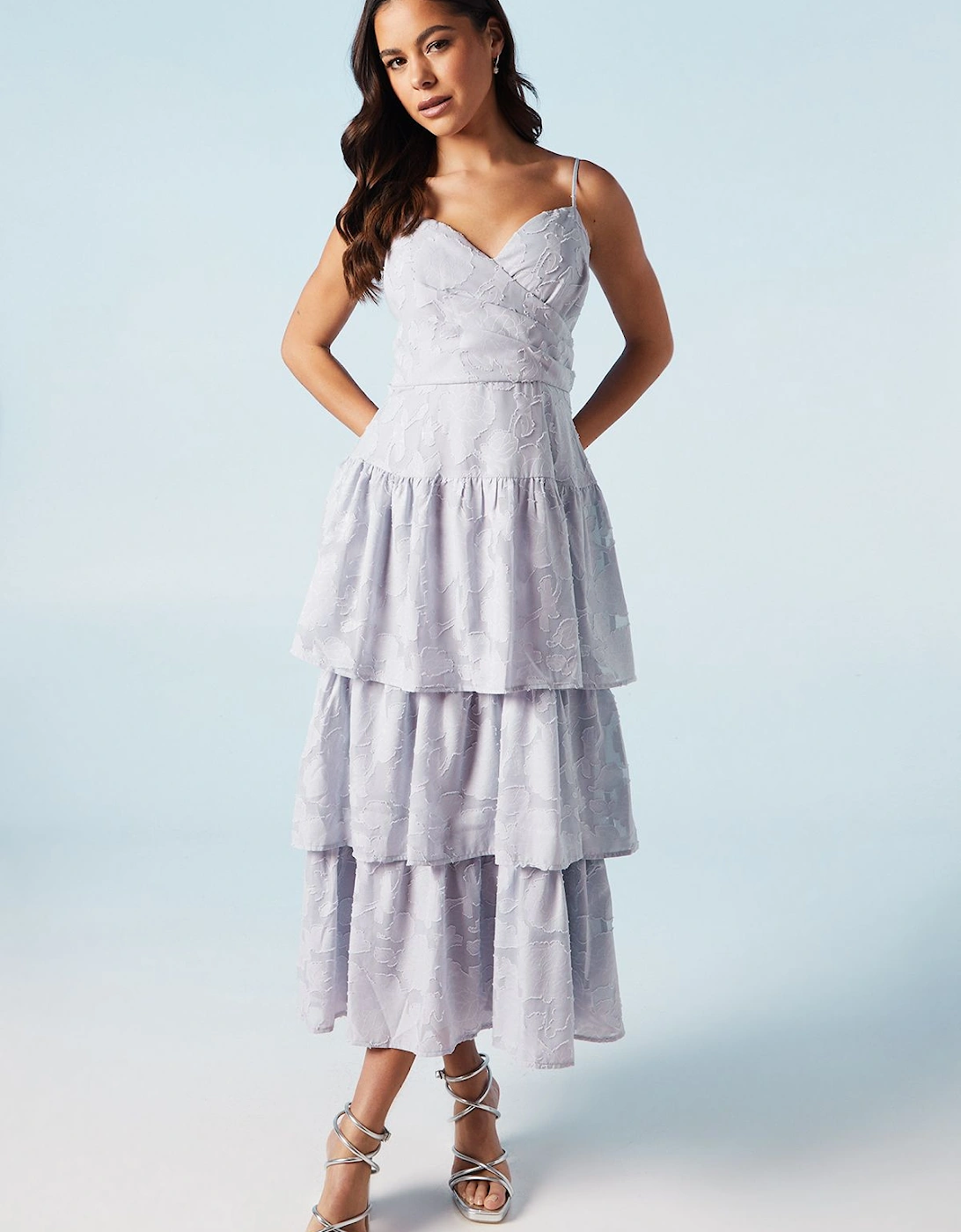 Rose Jacquard Cami Strappy Tiered Bridesmaid Midi Dress, 2 of 1