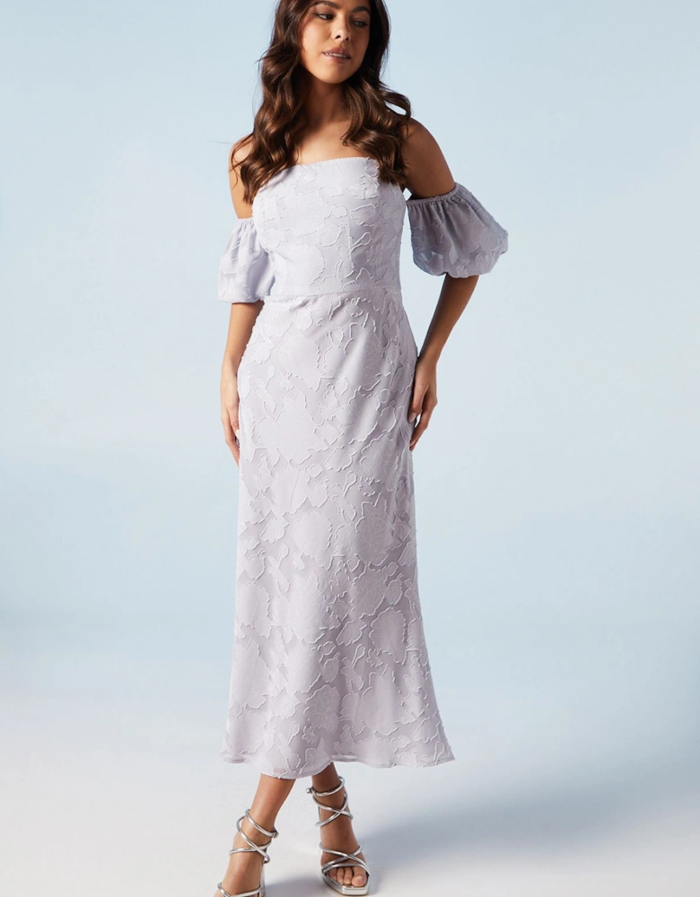 Rose Jacquard Puff Sleeve Asym Detail Bridesmaid Midi Dress