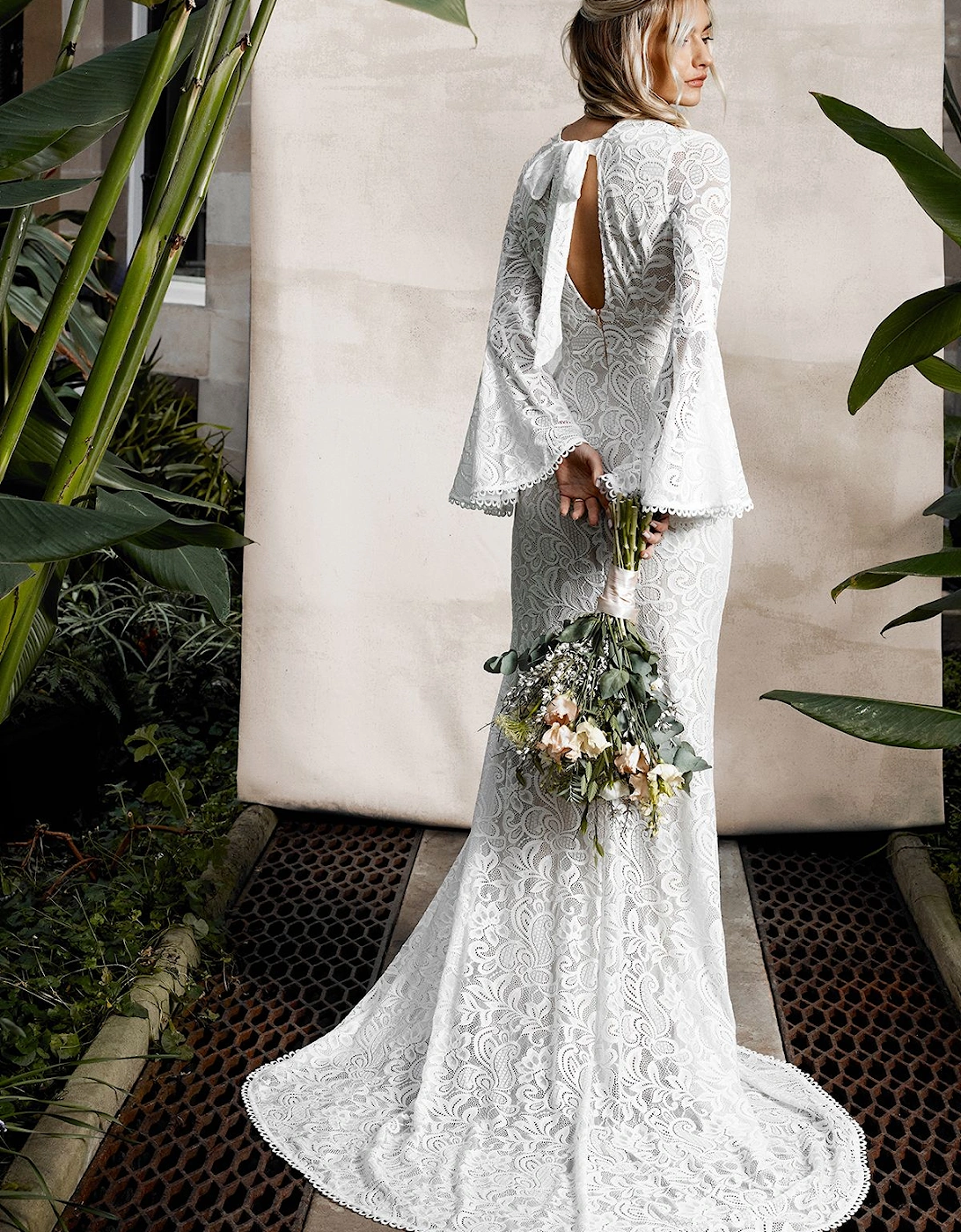 Flare Sleeve Boho Stretch Lace Fishtail Wedding Dress, 2 of 1