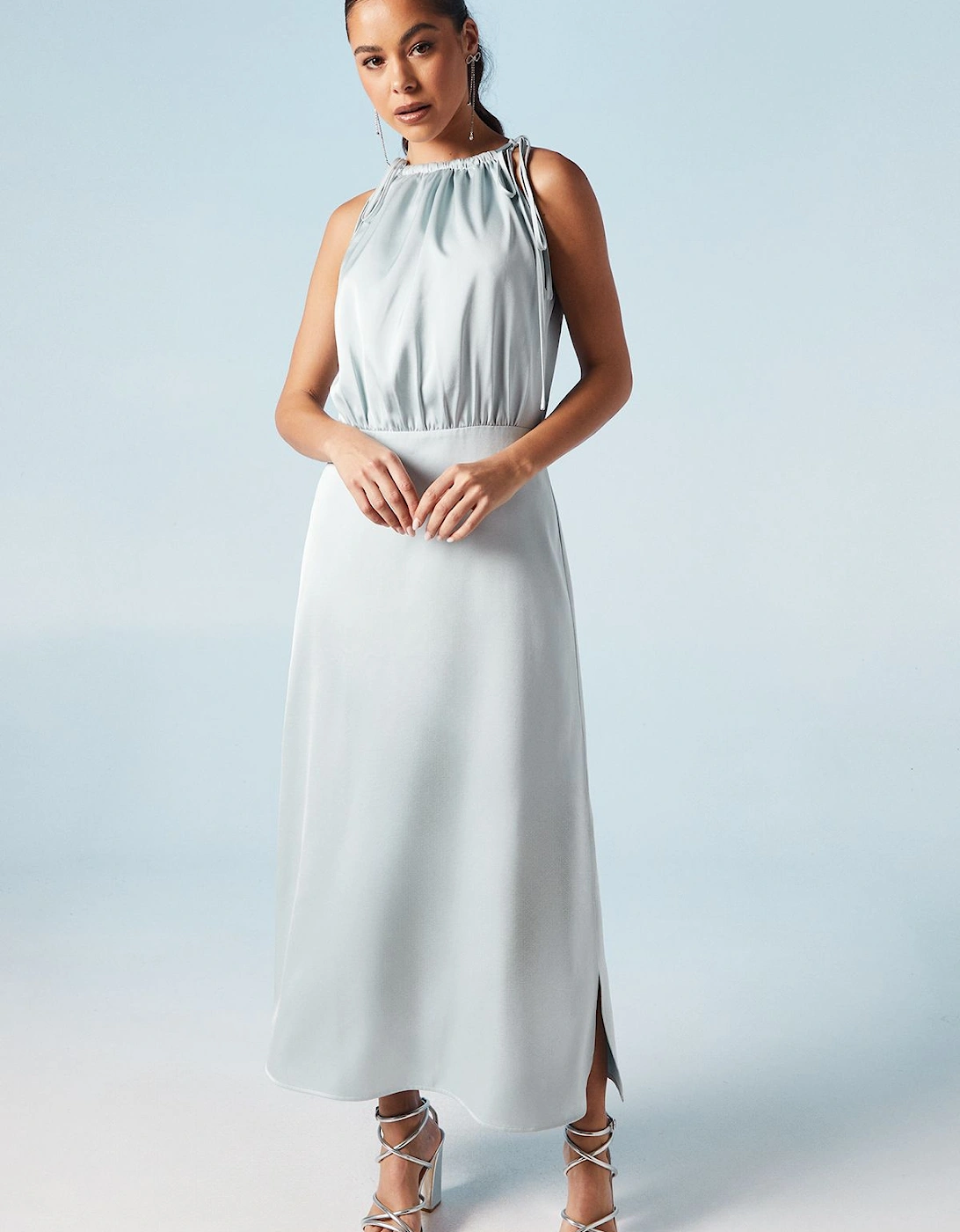 Ruched Halterneck Satin Bridesmaid Midi Dress, 2 of 1