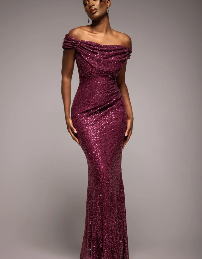 Cap Sleeve Iridescent Sequin Cowl Maxi Dress