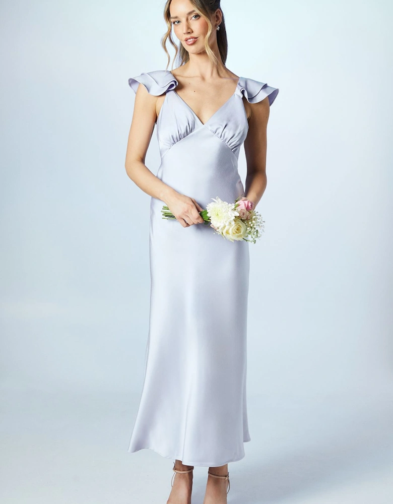 Petite Ruffle Neckline Satin Maxi Bridesmaid Dress